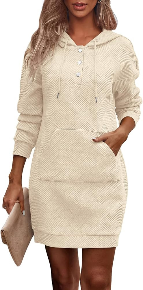 PRETTYGARDEN Long Sleeve Hoodies Dress 2024 Fall Trendy Texture Sweatshirts Outfits Button Hooded... | Amazon (US)