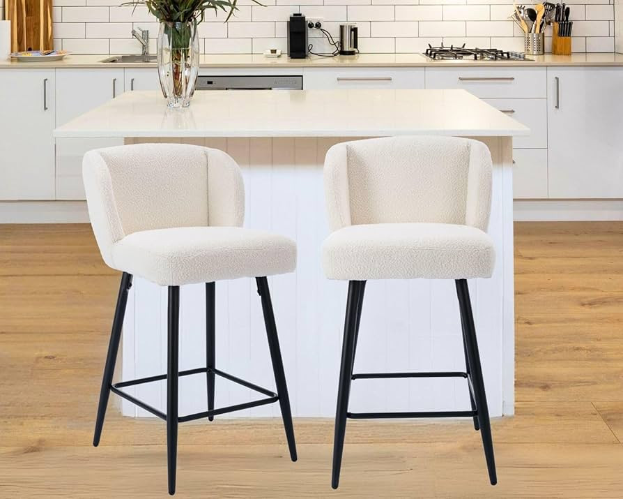 Modern Counter Height Bar Stools Set of 2, 26 Inch Faux Sherpa Upholstered Bar Stools with Back, ... | Amazon (US)