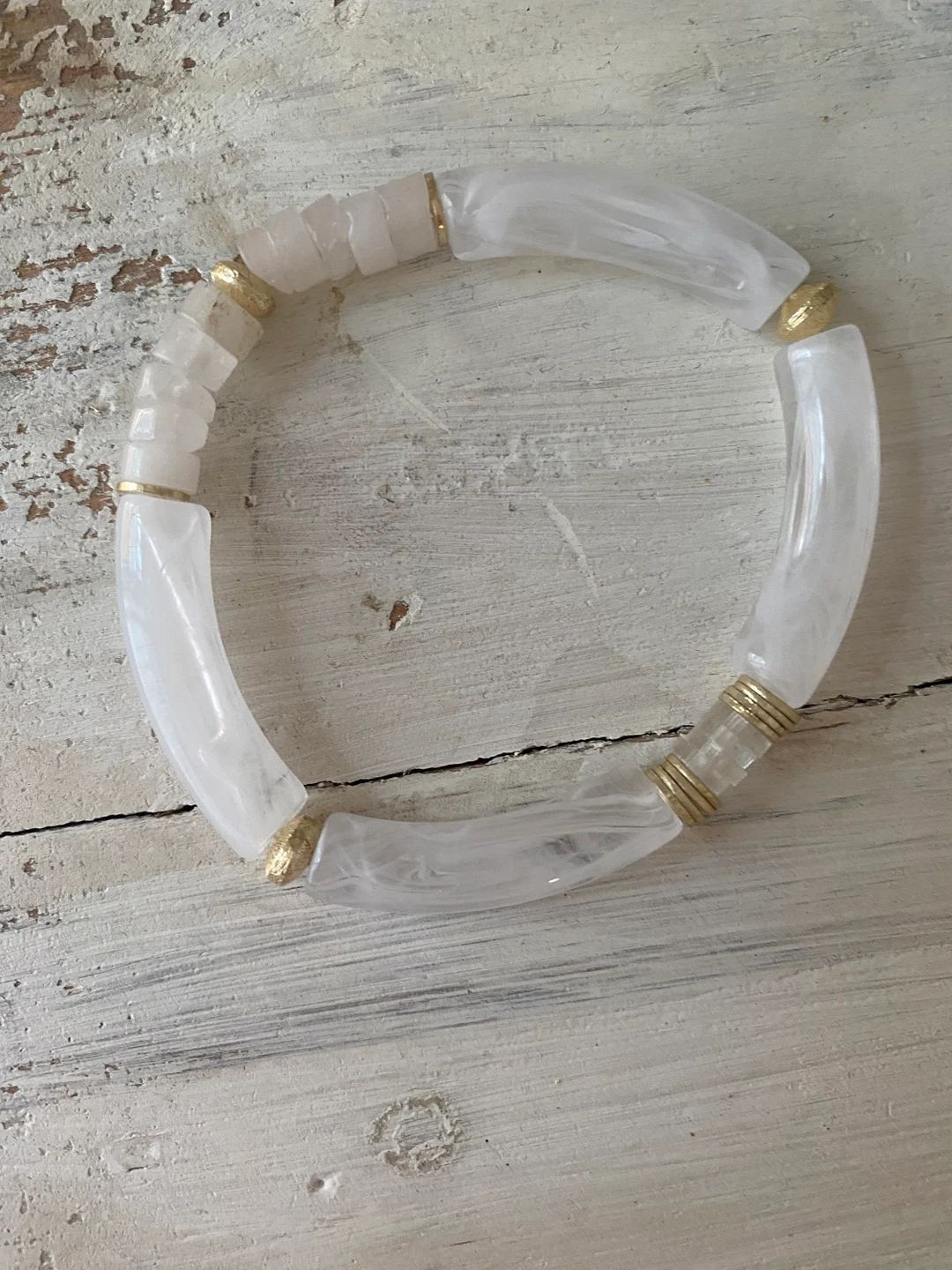 White frosted bangle bracelet with Rose Quarts Heishi beads | Etsy (US)