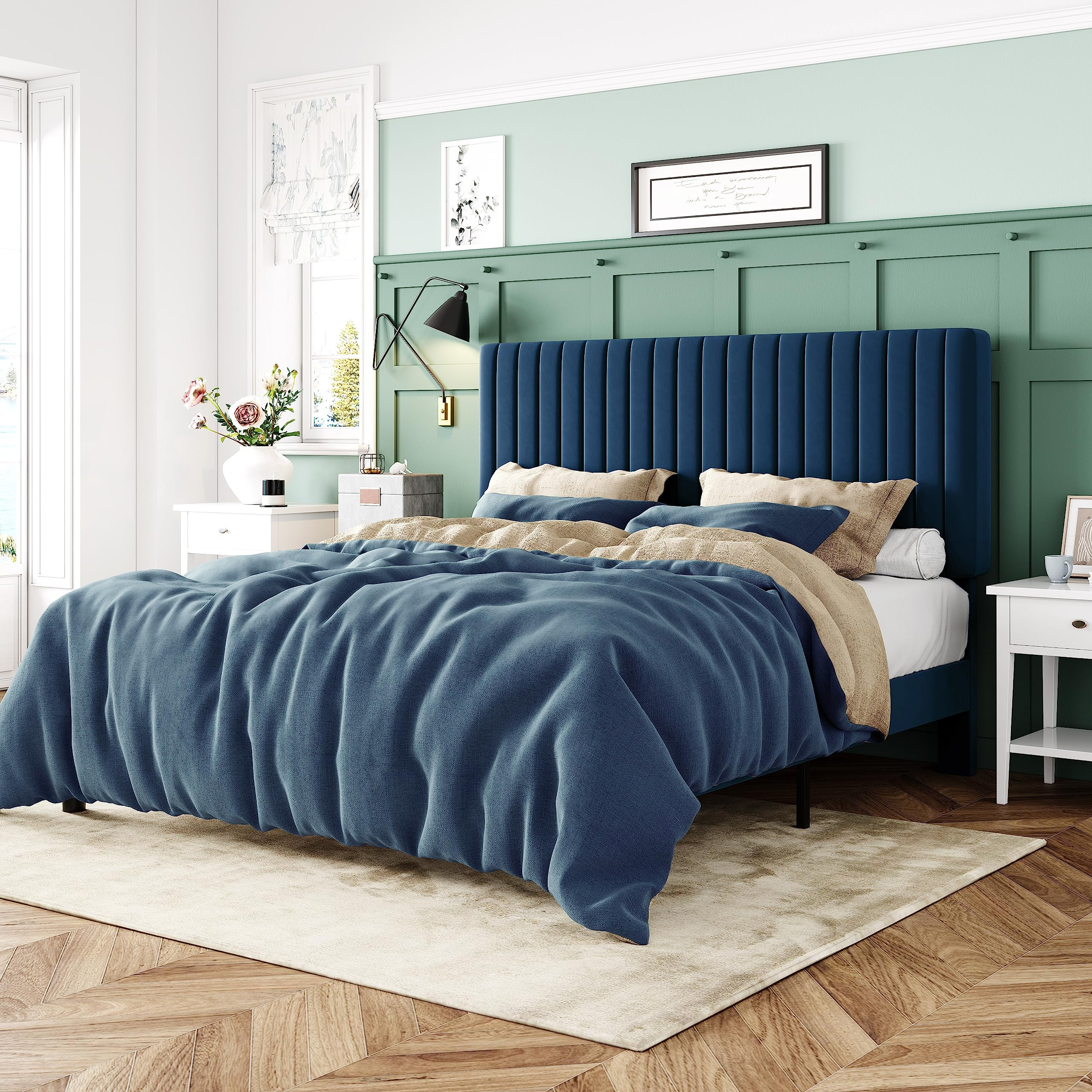 Allewie Queen Bed Frame, Velvet Upholstered Platform Bed with Adjustable Vertical Channel Tufted Headboard, Mattress Foundation with Strong Wooden Slats, Box Spring Optional, Easy Assembly, Navy Blue | Amazon (US)