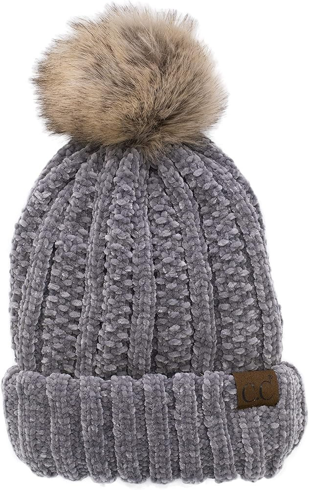 C.C Thick Cable Knit Faux Fuzzy Fur Pom Fleece Lined Skull Cap Cuff Beanie | Amazon (US)