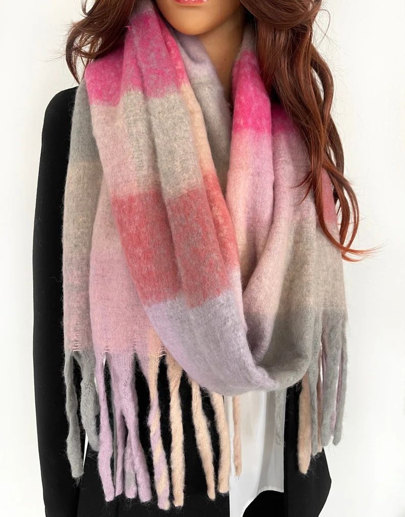 Pink Checked Blanket Scarf Women, Rainbow Oversized Wool Scarf Shawl Wrap, Chunky Warm Winter Sca... | Etsy (US)
