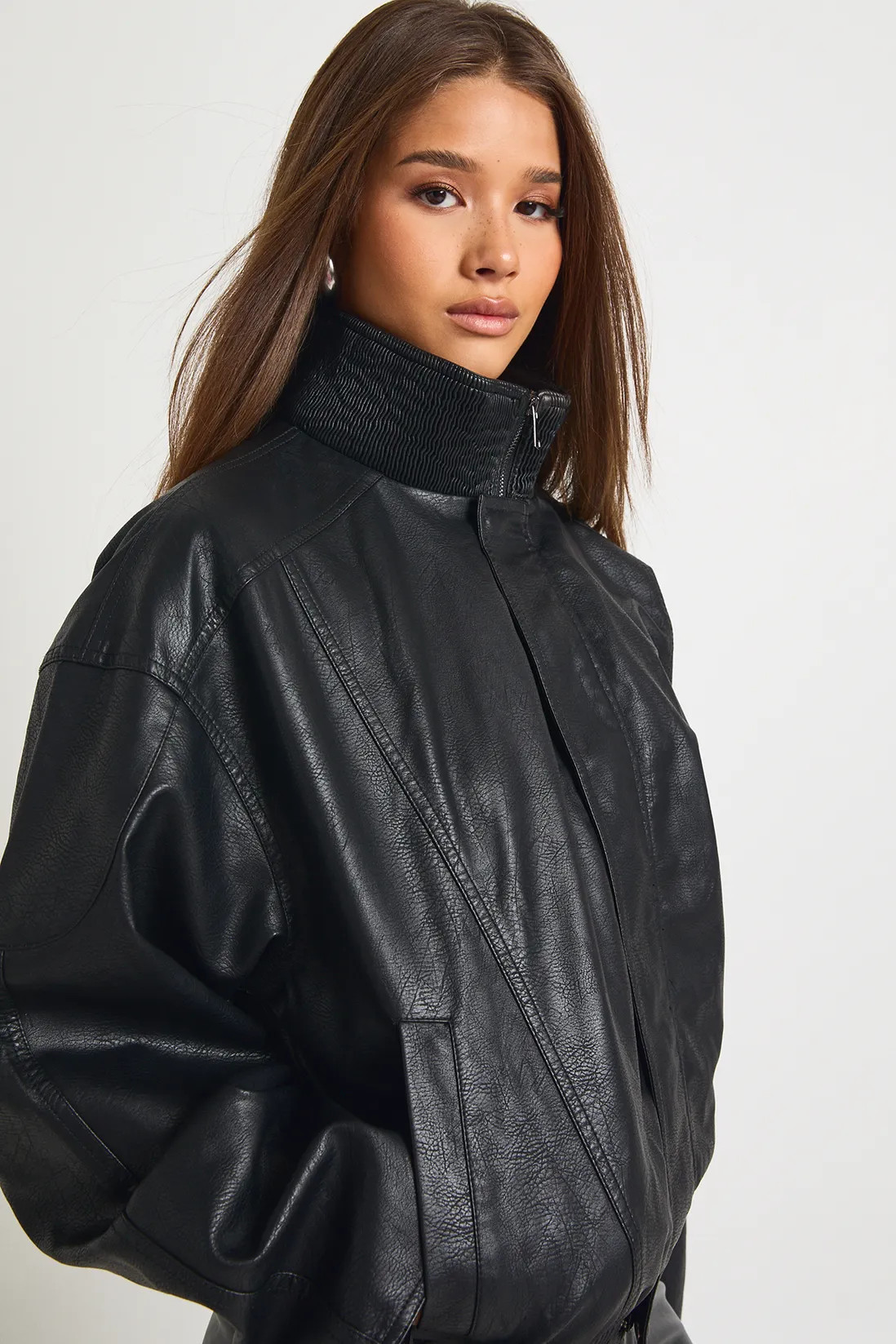 Funnel Neck Faux Leather Bomber Jacket | Boohoo.com (UK & IE)