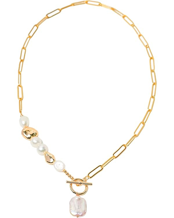 Gold Cuban Chain Necklace Baroque Pearl Necklace 14K Gold Plated Rose Gold Plated Freshwater Pear... | Amazon (US)