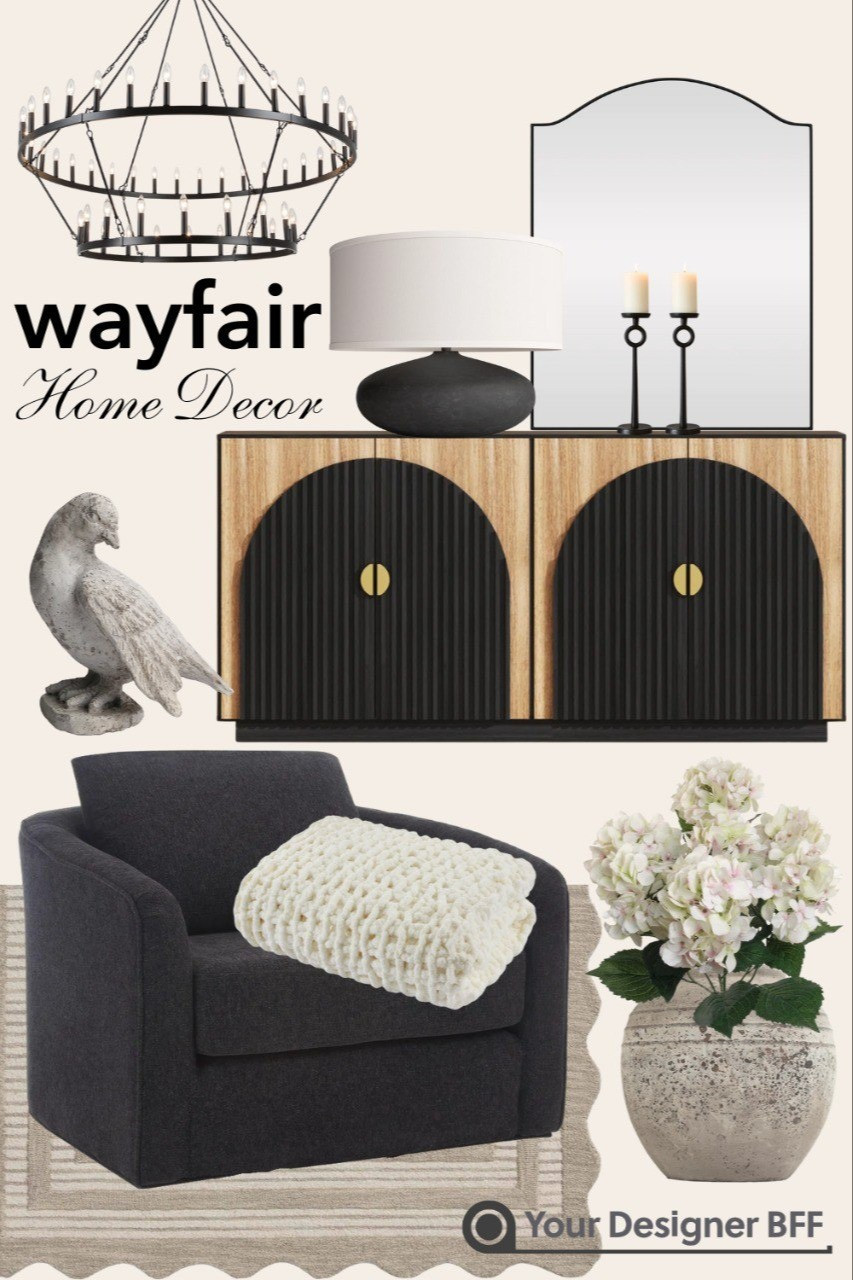 Wayfair home decor favorites 🖤Modern organic pieces for a warm, elevated space—black accent chair, chunky knit throw, arched wood console, statement chandelier, table lamp, decorative mirror, stone planters, faux florals, and sculptural accents. Perfect for modern farmhouse, transitional, and cozy neutral interiors.

#LTKHome