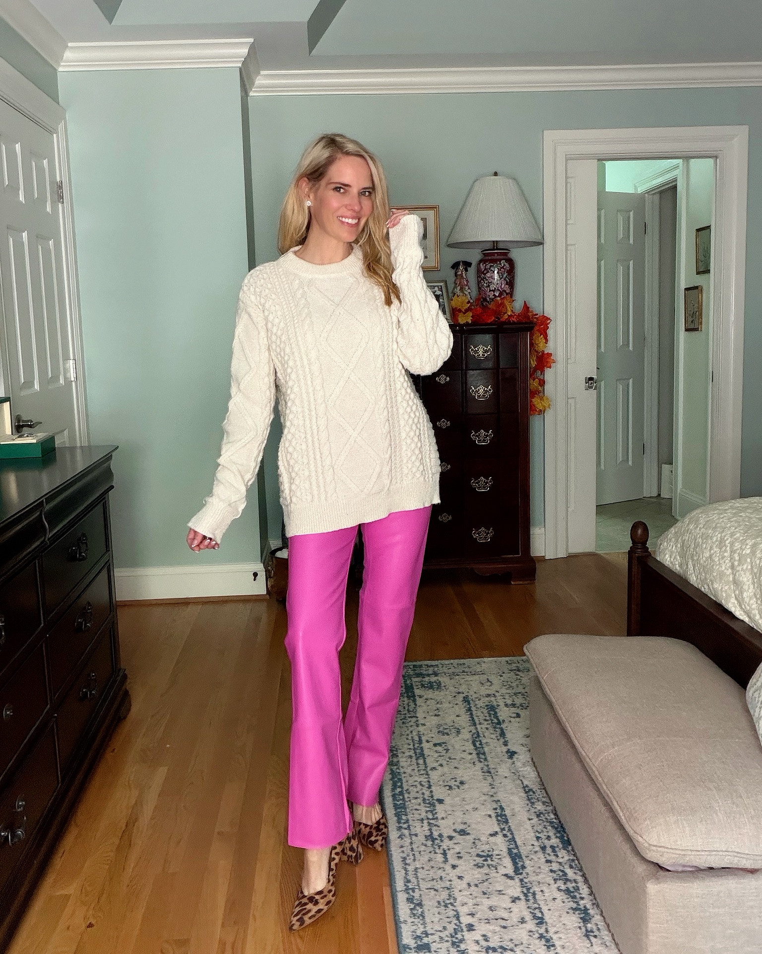 Cozy Cable Knit Sweater & Pink Faux Leather Pants 💗🍂
Who says fall neutrals have to be boring?! 🤍 I’m pairing this gorgeous oversized cable knit sweater with bright pink faux leather pants for a fun pop of color that still feels cozy and chic!
The chunky cream sweater has the prettiest textured cable knit details, and the pink pants add a playful, fashion-forward touch. Finished with leopard print heels for a little extra personality! 🐆
This is such a fun outfit for fall outings, lunch dates, shopping, or when you want to make a statement with your everyday style.
Shop this Amazon cable knit sweater, hot pink faux leather pants, leopard heels, and more affordable fall fashion finds!
Cream cable knit sweater, oversized knit sweater, Amazon fall fashion, hot pink faux leather pants, pink statement trousers, leopard print heels, leopard block heels, colorful fall outfits, preppy chic style, affordable fall outfit ideas, cozy sweaters for women, elevated casual outfits, fall transition fashion, trendy outfits for women over 40.

#LTKOver40 #LTKSeasonal #LTKootd