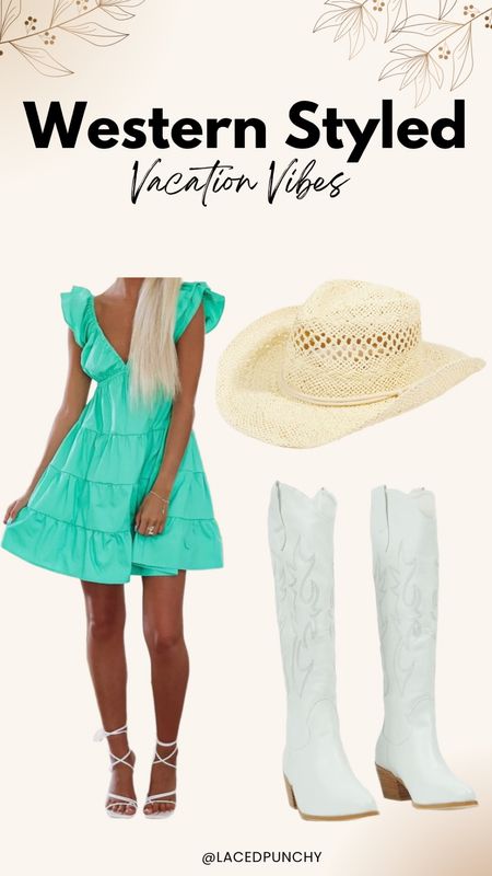 Vacay Mode | Vacation Style | Green Dress | Straw Hat | Summer Style | White Boots | Cowgirl Fashion 

#LTKSeasonal #LTKshoecrush #LTKstyletip
