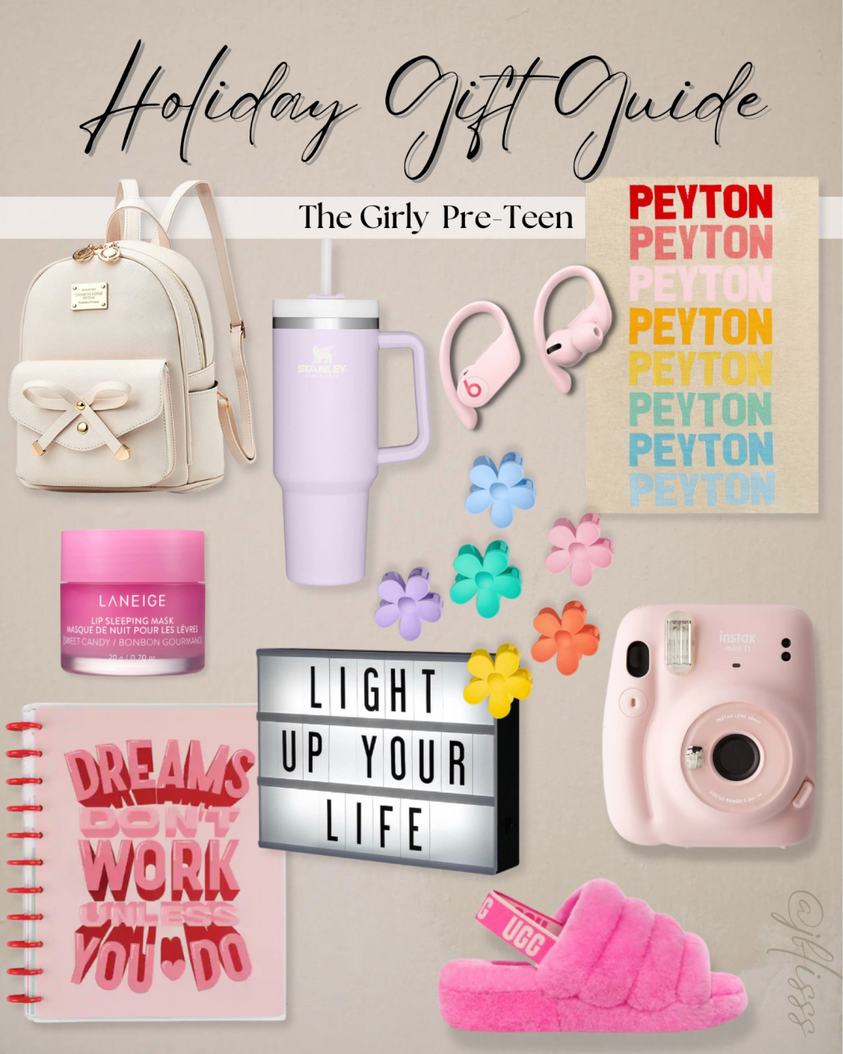 GIFT GUIDE | The Girly Preteen 

Instax camera, happy planner, Beats by Dre, customized blanket throw, flower claw clips, Stanley tumbler, ugg fluff yeah, gift ideas for teenager

#LTKHoliday #LTKSeasonal