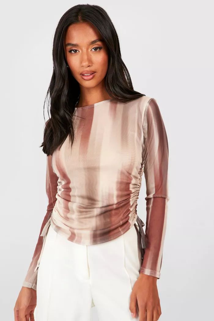 Petite Abstract Mesh Ruched Side Top | Boohoo.com (US & CA)