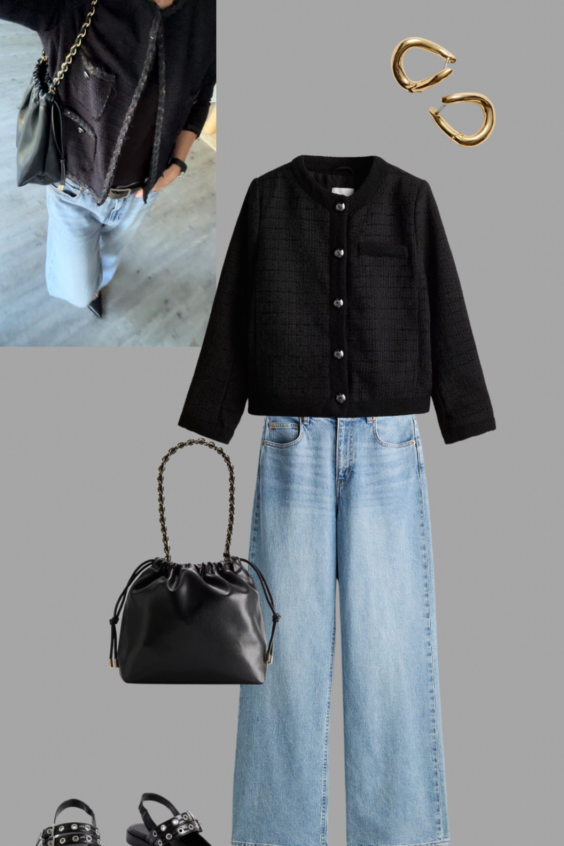 A simple evening look with a tweed jacket, wide jeans and buckle detail flats.

#LTKeurope #LTKSeasonal #LTKover40