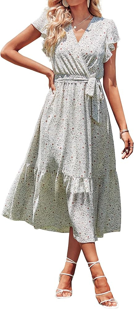 BTFBM Women Summer Bohemian Floral Casual Wrap V Neck Ruffle Cap Sleeveless Belt A-Line Pleated H... | Amazon (US)