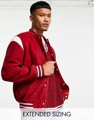 ASOS DESIGN suede varsity bomber jacket with contrast leather panels in red | ASOS | ASOS (Global)