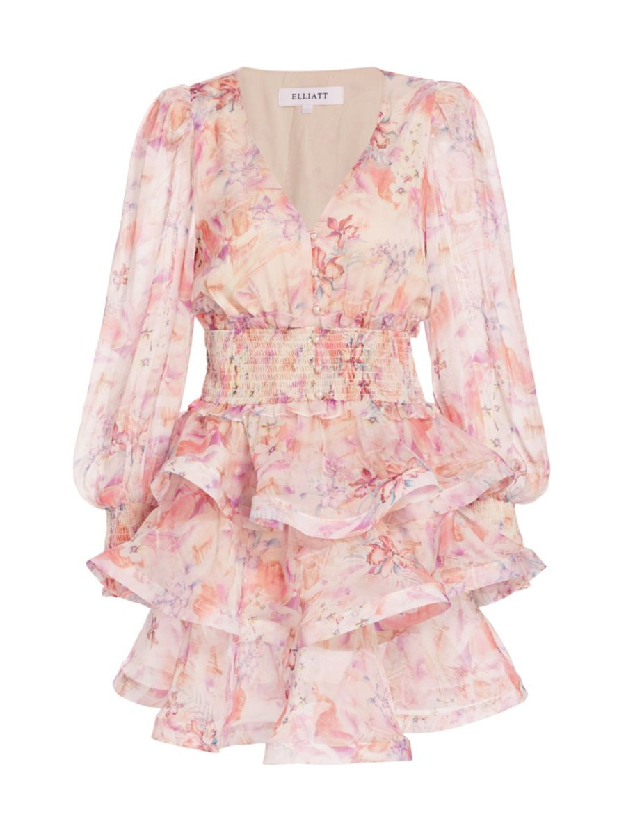 Shop Elliatt Bloom Lovebird Floral Georgette Minidress | Saks Fifth Avenue | Saks Fifth Avenue