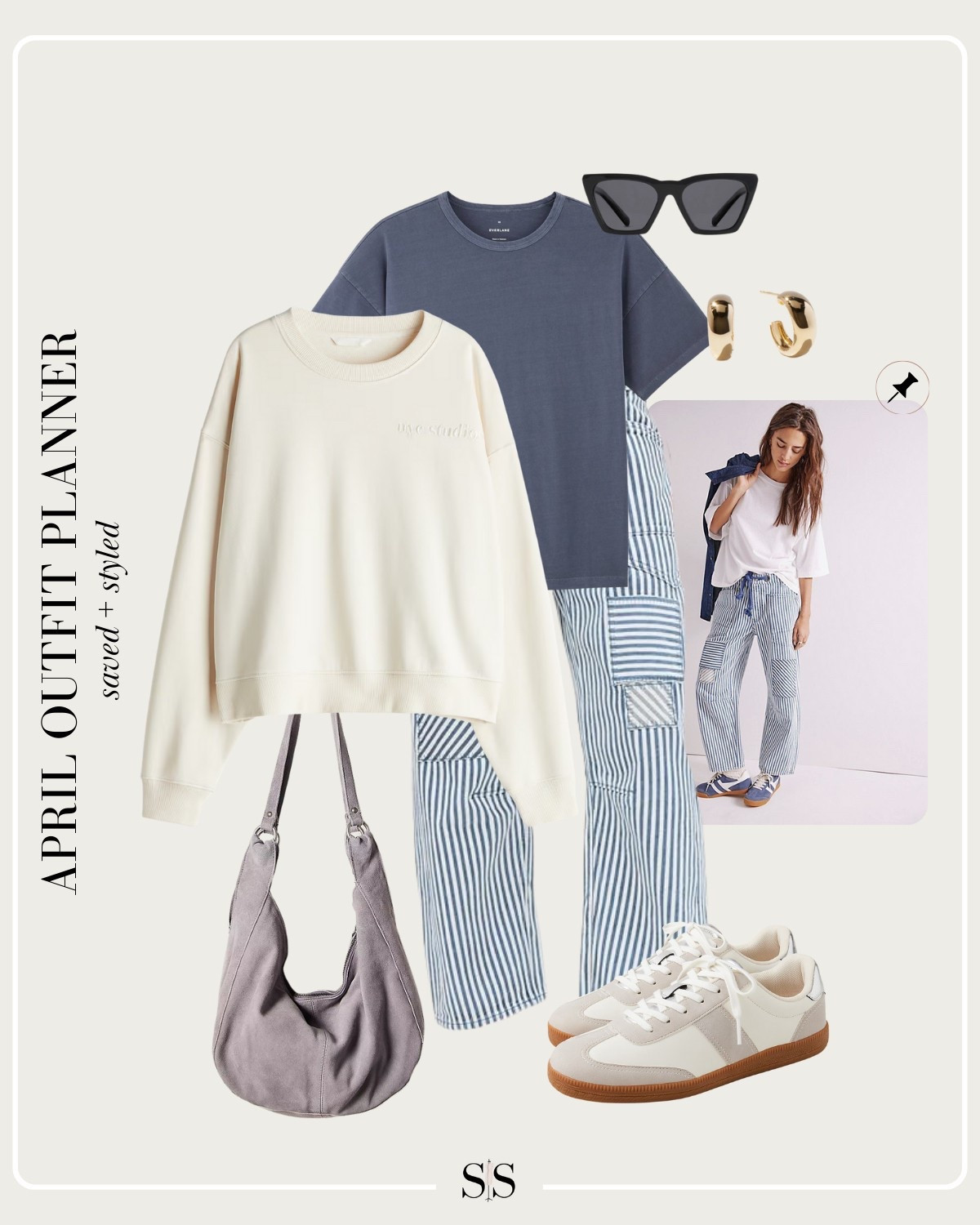 Monthly outfit planner APRIL: Spring transitional looks, pin to planner outfit inspo | striped barrel pant, sneaker, crewneck sweatshirt, oversized tee, suede tote 

#springoutfit #casualstyle

Image credit: Pinterest

#LTKStyleTip