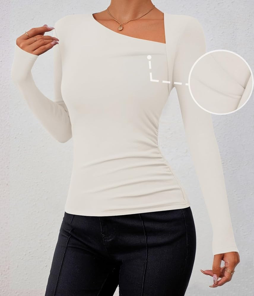 ZESICA Women's Long Sleeve Tops 2024 Fall Asymmetrical Neck Slim Fitted Sexy Y2K Knit Shirts Clot... | Amazon (US)