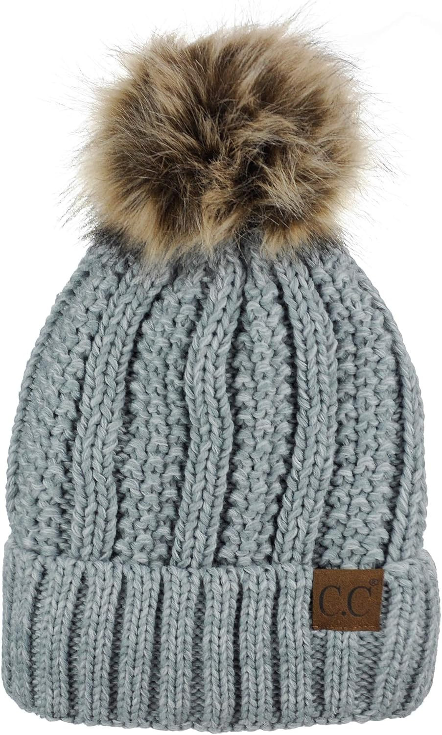 C.C Thick Cable Knit Faux Fuzzy Fur Pom Fleece Lined Skull Cap Cuff Beanie | Amazon (US)