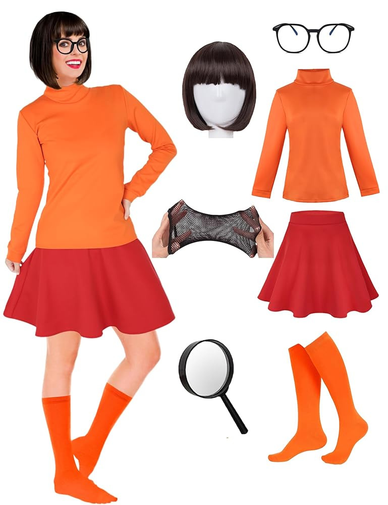 Women Costume Adult Top Skirt and Socks, Bob Wig, Glasses, Magnifying Glass for Halloween Women C... | Amazon (US)