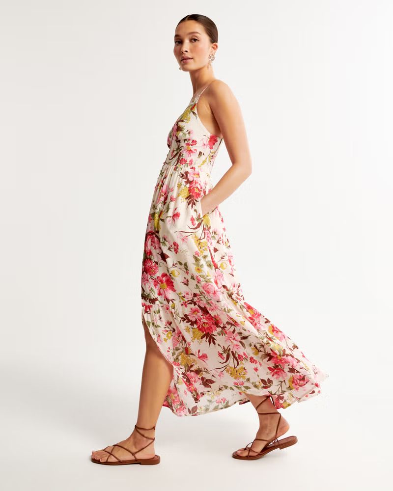 Crinkle Textured Button-Through Maxi Dress | Abercrombie & Fitch (US)