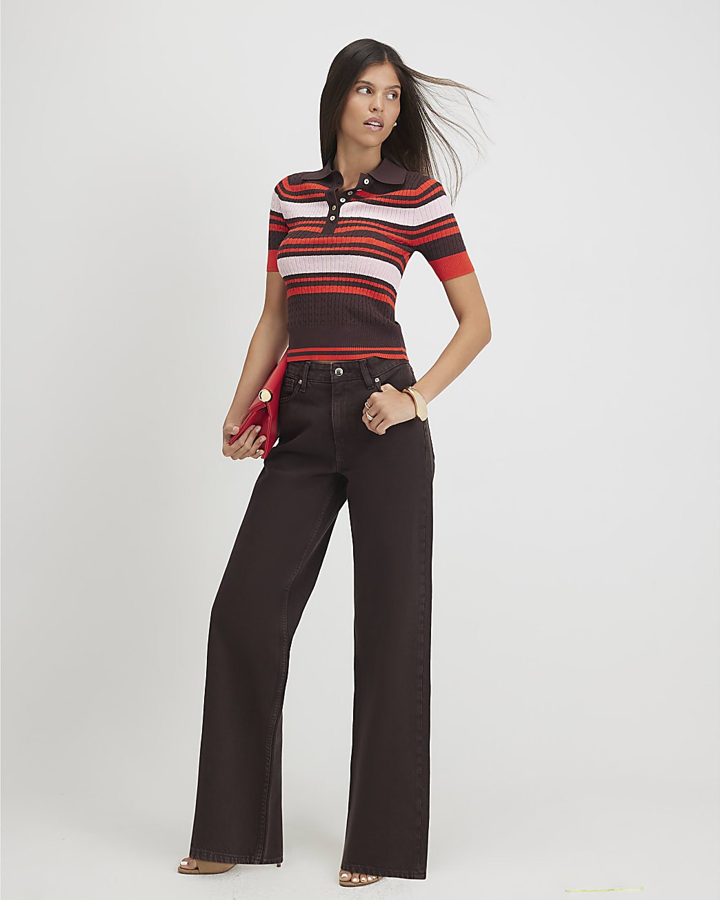 Brown Striped Cable Knit Polo Shirt | River Island UK & IE