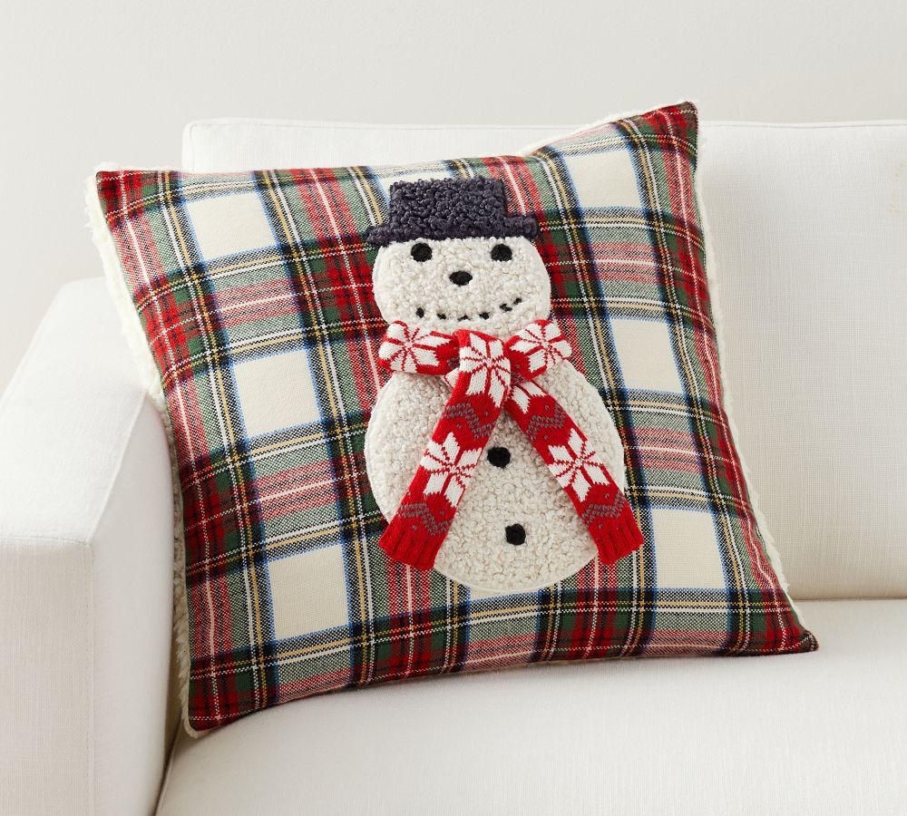 Archie The Snowman Applique Plaid Pillow Cover | Pottery Barn (US)