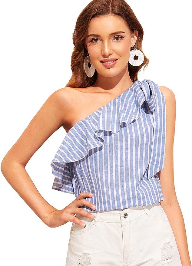 SheIn Women's Striped Print Sleeveless Tie Knot One Shoulder Ruffle Blouse Top | Amazon (US)