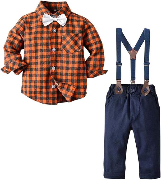 SANGTREE Baby Boys Clothes, Dress Shirt with Bowtie + Suspender Pants, 6 Months - 6 Years | Amazon (US)