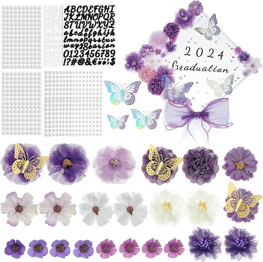 35 Pcs DIY Graduation Cap Decorations Accessory Kit, 3D Artificial Flowers 3D Butterfly Stickers ... | Amazon (US)