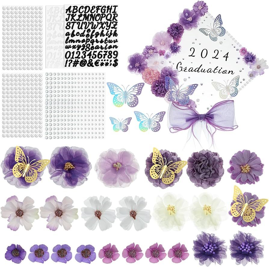 35 Pcs DIY Graduation Cap Decorations Accessory Kit, 3D Artificial Flowers 3D Butterfly Stickers ... | Amazon (US)