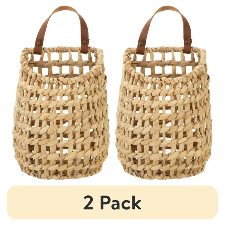 (2 pack) Better Homes & Gardens Water Hyacinth Hanging Basket with Faux Leather Strap | Walmart (US)