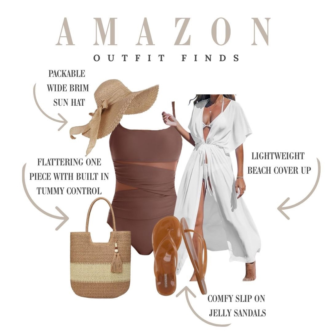 Easy Amazon beach outfit for sunny days by the water. A flattering one piece, breezy cover up, comfy jelly sandals, and a packable sun hat make this such an effortless vacation look.

#LTKOver40 #LTKmomlife #LTKTravel
