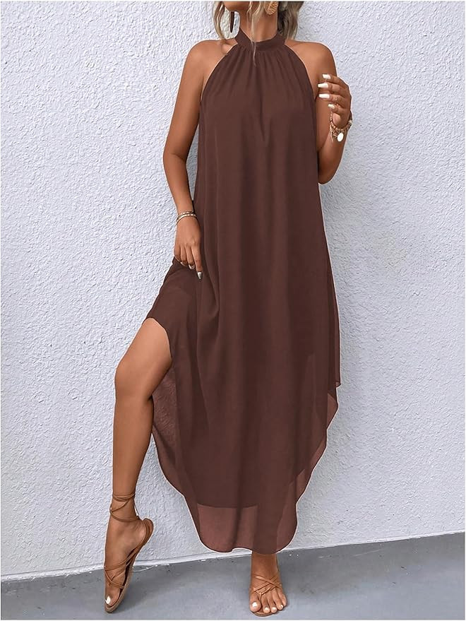 Verdusa Women's Wedding Guest Dress Halter Flowy Chiffon Asymmetrical Long Summer Prom Dress | Amazon (US)