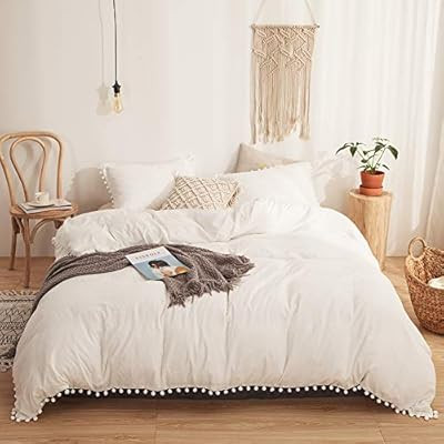 3 Pieces White Bedding Offwhite Duvet Cover Set Ball Fringe Pattern Design Soft Off White Bedding Se | Amazon (US)