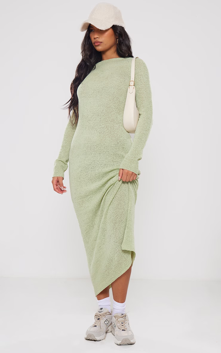 Sage Green Bobble Knit Long Sleeve Maxi Dress | PrettyLittleThing US