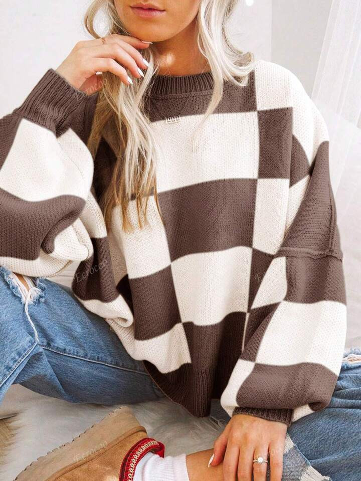 Checkered Bishop Sleeve Sweater,Long Sleeve Tops | SHEIN