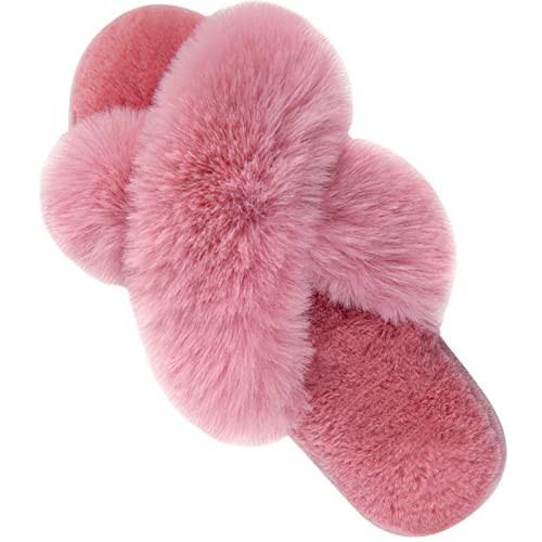 Parlovable Women's Fuzzy Slippers Comfy Cross Band House Shoes Memory Foam Open Toe Indoor Gifts for Ladies Pink 5-6 | Amazon (US)