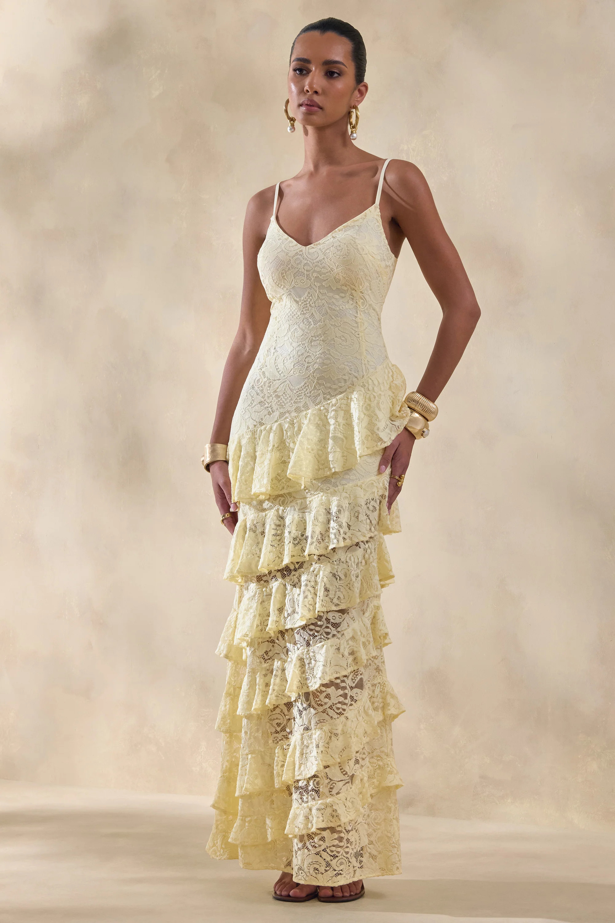 Avelisse | Lemon Lace Plunge-Neck Maxi Dress With Ruffled Detailing | Club L London