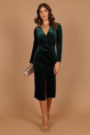 Lisse Twist Front Long Sleeve Velvet Midi Dress - Emerald | Petal & Pup (US)