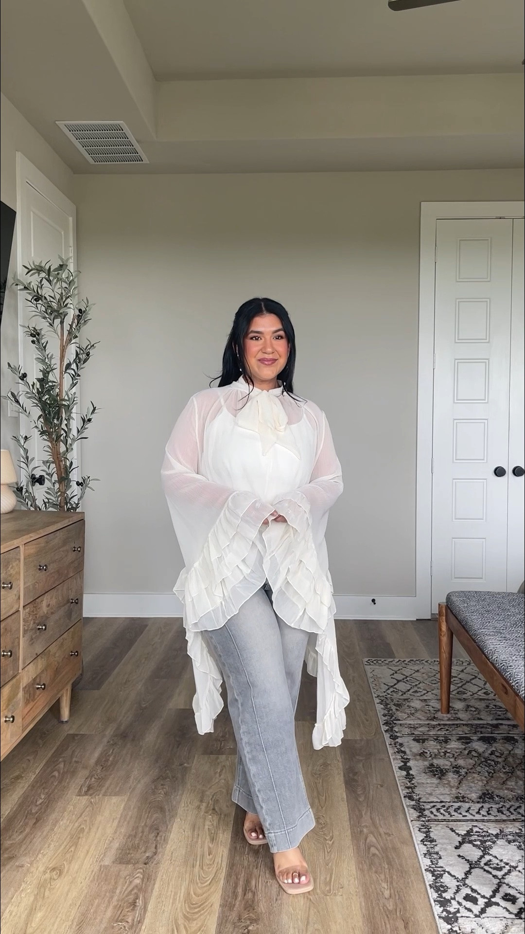 Amazon outfit! This top is so LOVELY 😭 I’m 5’1” size 12 wearing a L in the top, size 12 in the jeans. Jeans are very high waisted and stretchy, straight leg. Heels are true to size and so comfy!

#LTKPetite #LTKMidsize #LTKOver40