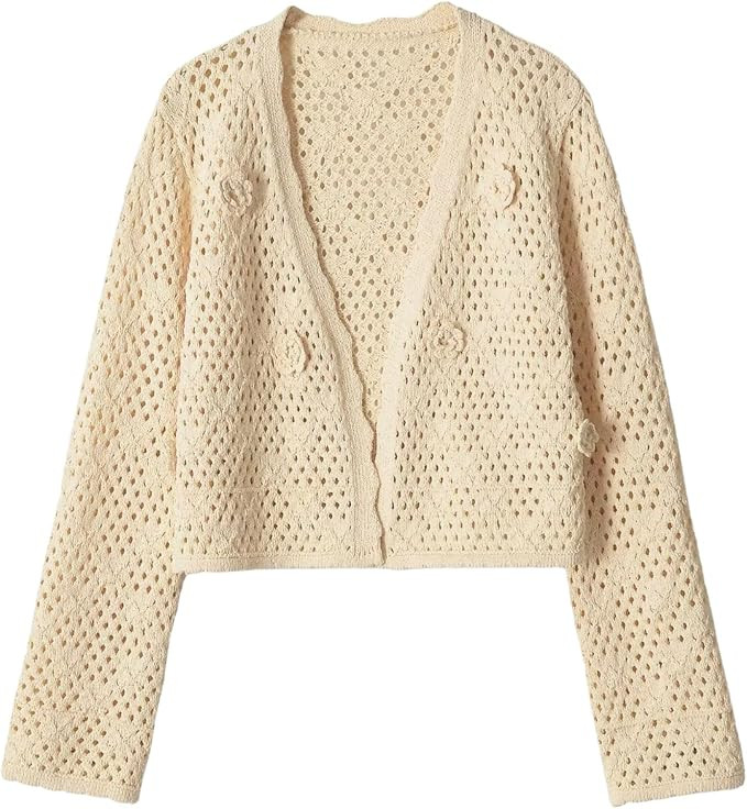 Chevara Women’s Crochet Floral Cardigan Trendy Long Sleeve Open Front Pointelle Sweater Cropped... | Amazon (US)