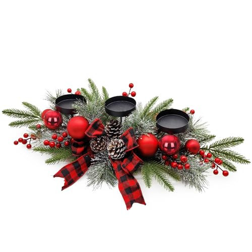 Christmas Table Centerpieces Decorations, 27.5 Inch Designed with Golden Bowknot Baubles Ornaments, Artificial Golden Berries and Pine Cones for Dining Room Table (Red Ball) | Amazon (US)