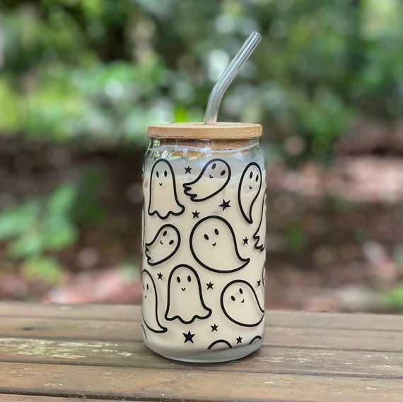 Cute Ghosts Glass Can | Cute Ghost Iced Coffee Glass | Halloween Glass Can | Halloween Iced Coffe... | Etsy (US)
