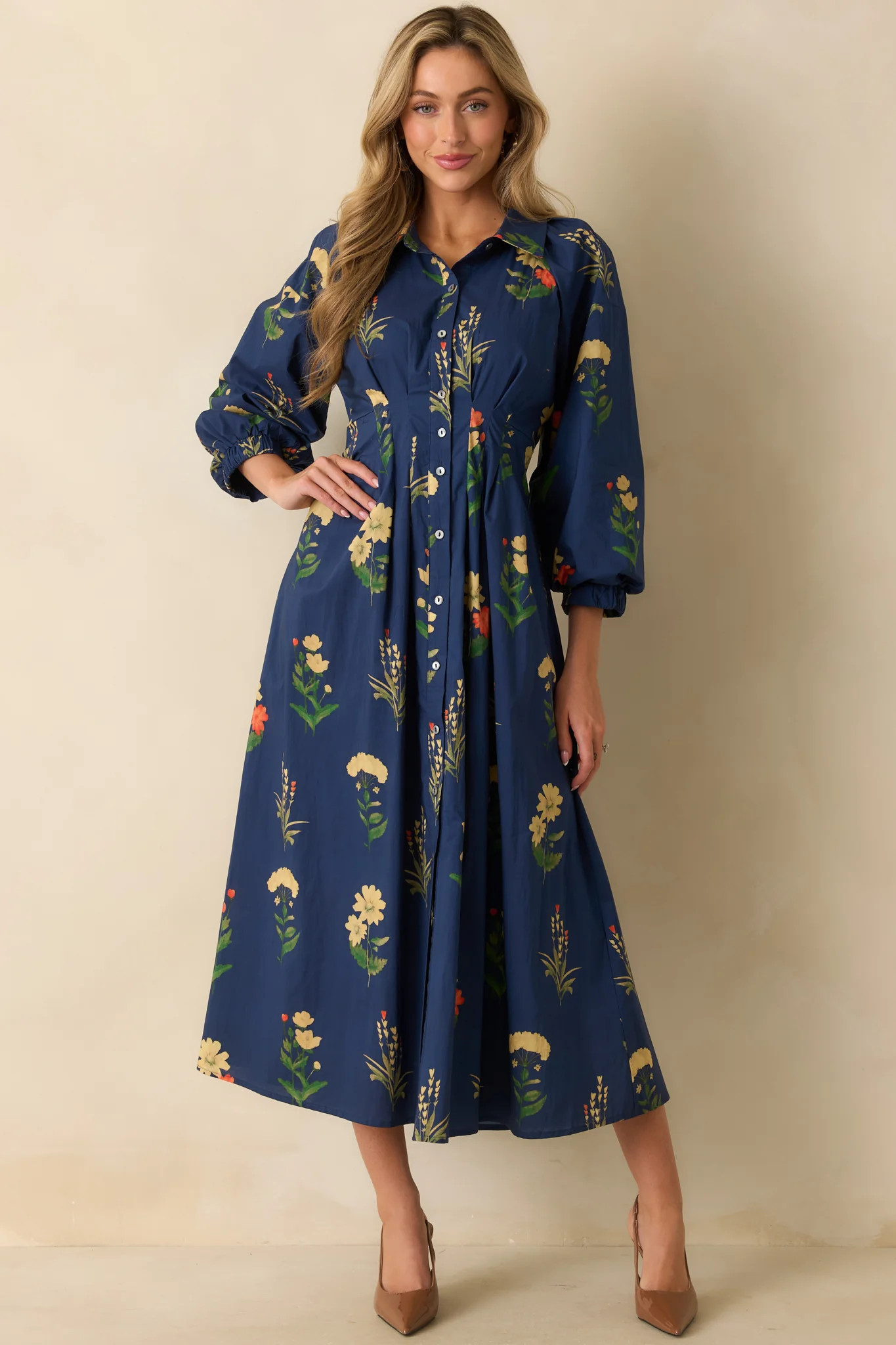 Endlessly Charmed Navy Multi Floral Print Cotton Button Front Maxi Dress | Red Dress