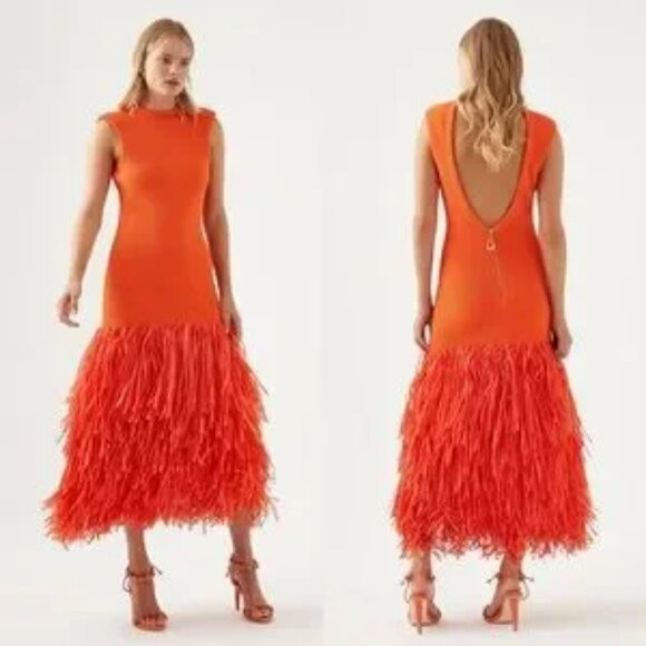 Aje Rushes Raffia Trimmed Ribbed Stretch Knit Dress Orange | Poshmark