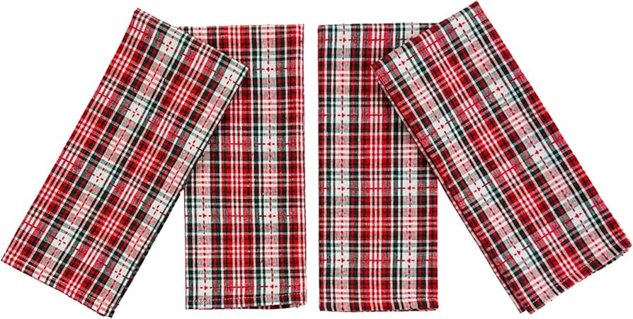 Serafina Home Kitchen Dish Towel Set: Red Green White Tartan Plaid Cotton Flat Weave with Easy Ha... | Amazon (US)