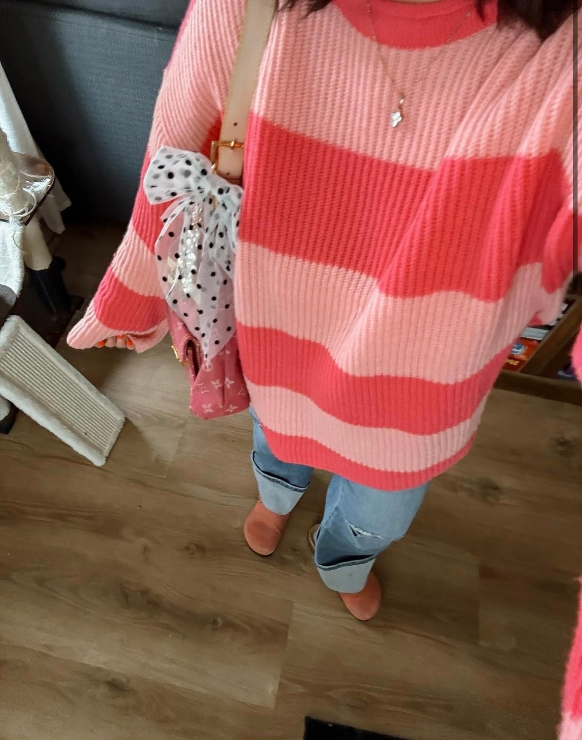 Pink ootd yesterday! Oversized stripe sweater with my favorite jeans & pink clogs! Can’t share bag BUT found similar for my fun polka dot purse bow!

#LTKootd #LTKMidsize