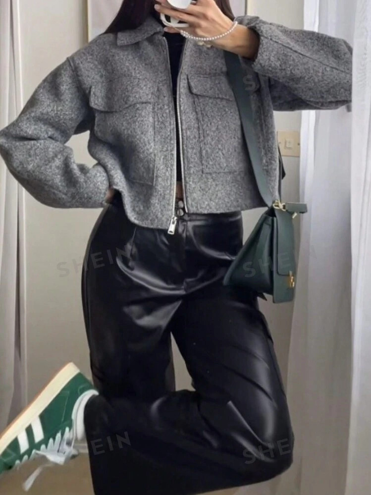 SHEIN Relaxiva Women's Spring And Autumn Solid Color Utility Pocket Long Sleeve Cropped Jacket | ... | SHEIN