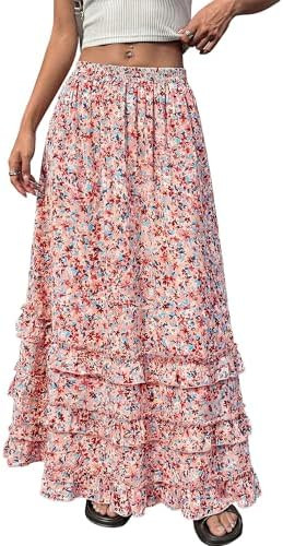 BTFBM Skirts for Women Summer Flowy A-Line Floral Boho Maxi Skirt Long Wedding Guest Dresses Spri... | Amazon (US)