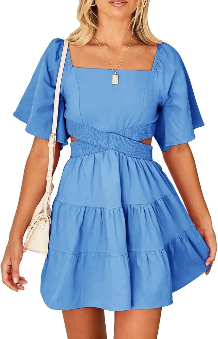 Shy Velvet Women's Summer Dress Square Neck Short Sleeves Crossover Waist Casual Party Mini Dress | Amazon (US)