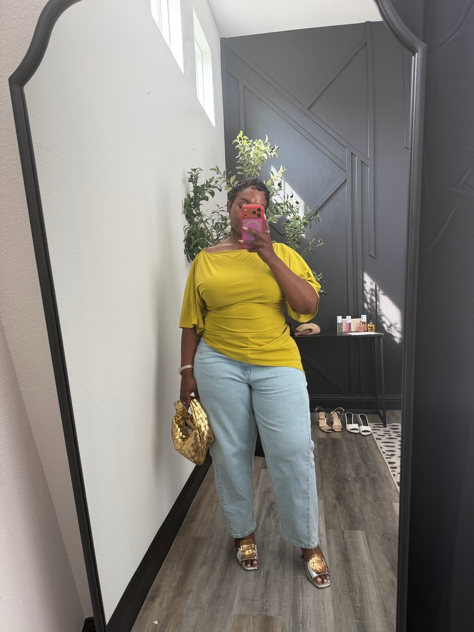 Wearing size large in the top and size 18 in the jeans