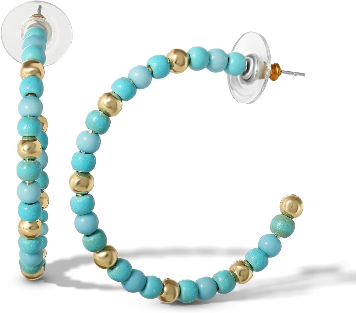 Jessica Simpson Womens Turquoise Bead Hoop Earrings - Gold-Tone or Silver-Tone Turquoise Hoop Ear... | Amazon (US)